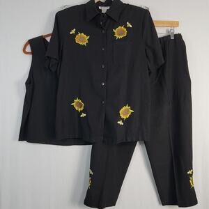 Vintage 3 pc Linen Floral Embroidered Set size XL Shirt Tank Pants Black 90s bee